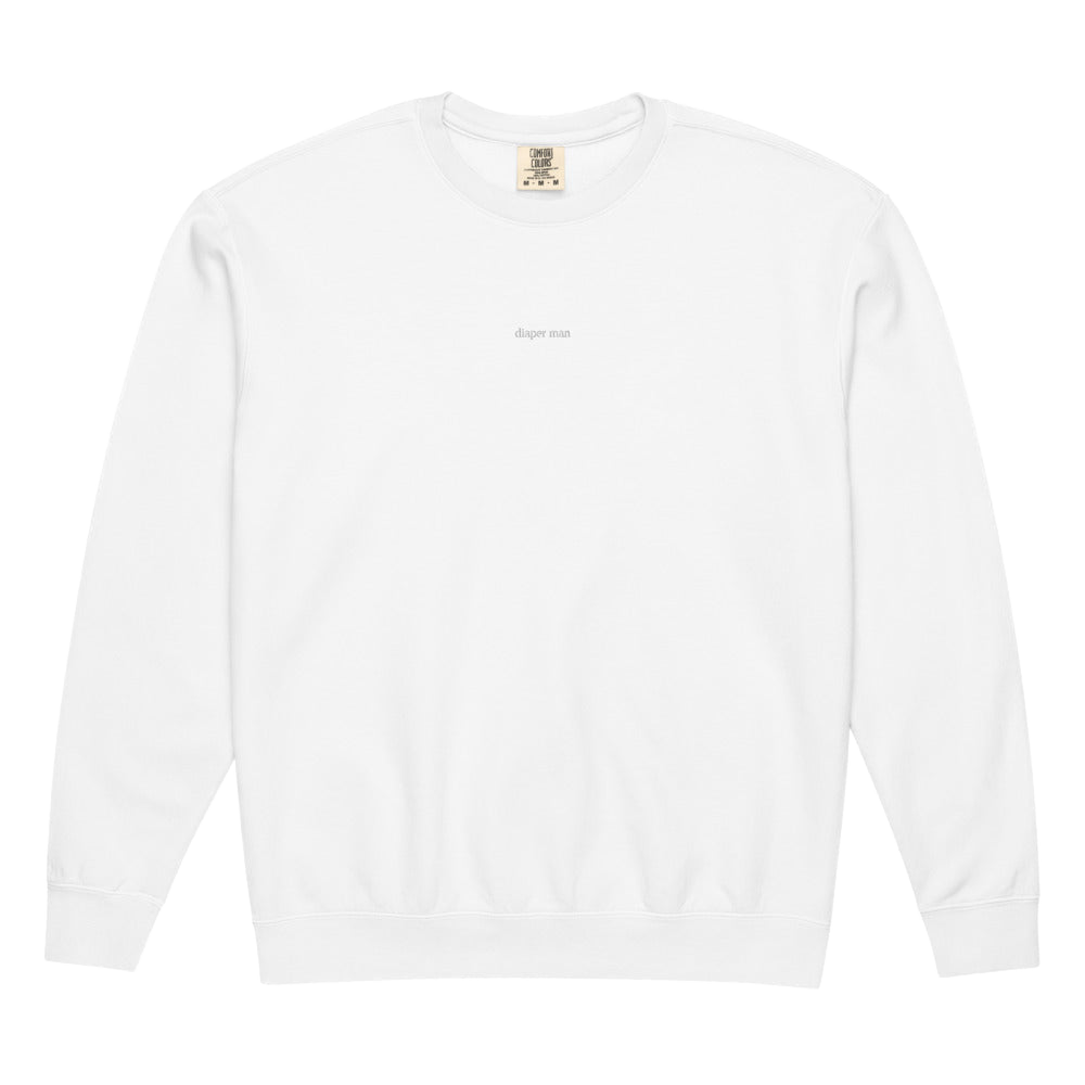 2AM Club Diaper Man Minimalist Comfort Colors 1466 crewneck — White with White embroidery