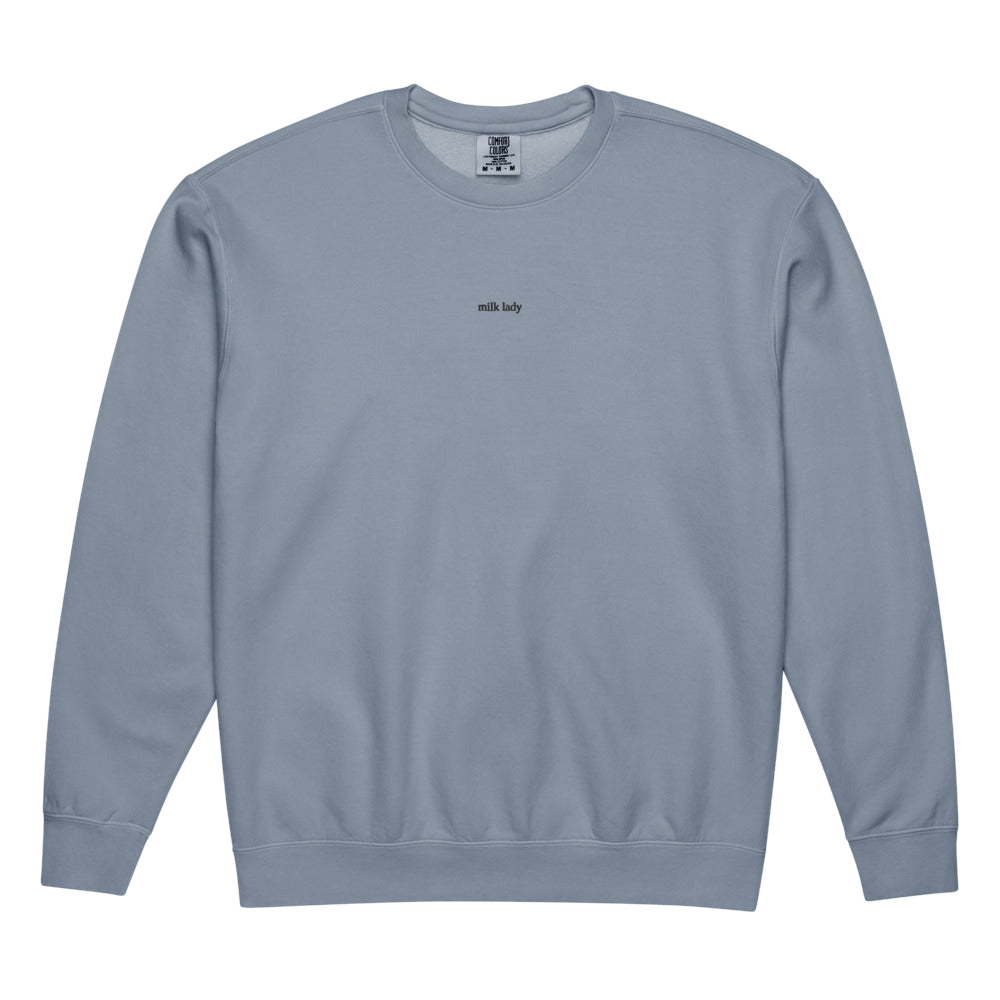 2AM Club Milk Lady Minimalist Comfort Colors 1466 crewneck — Blue Jean with Black embroidery