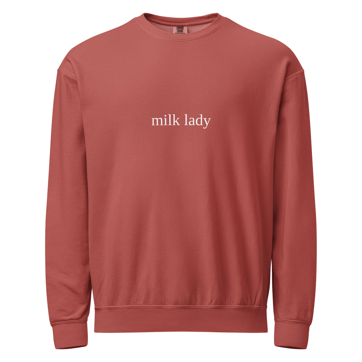 2AM Club Milk Lady Bold Comfort Colors 1466 crewneck — Crimson with White embroidery