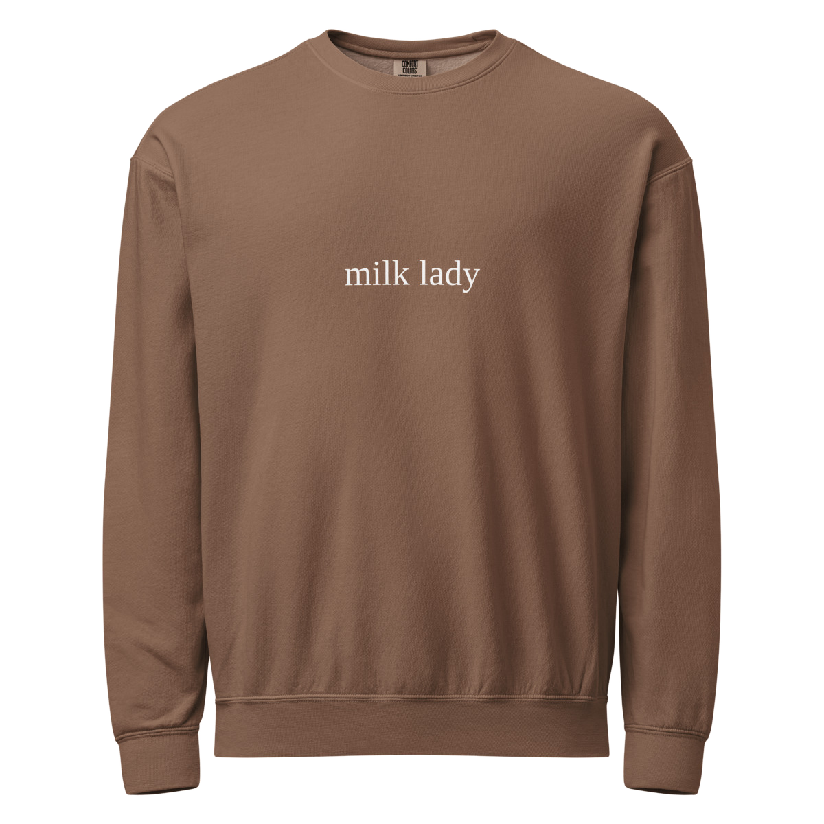 2AM Club Milk Lady Bold Comfort Colors 1466 crewneck — Espresso with White embroidery