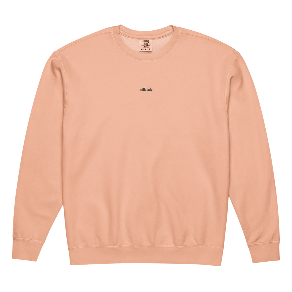 2AM Club Milk Lady Minimalist Comfort Colors 1466 crewneck — Peachy with Black embroidery