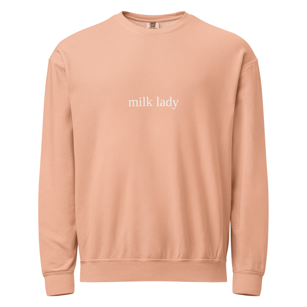 2AM Club Milk Lady Bold Comfort Colors 1466 crewneck — Peachy with White embroidery