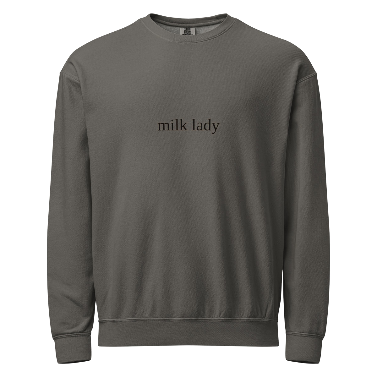 2AM Club Milk Lady Bold Comfort Colors 1466 crewneck — Pepper with Black embroidery