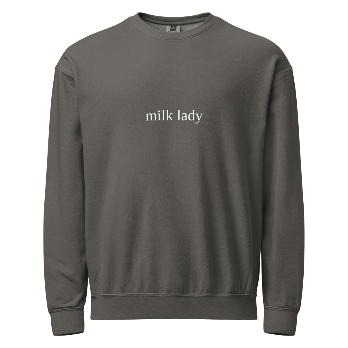 2AM Club Milk Lady Bold Comfort Colors 1466 crewneck — Pepper with White embroidery