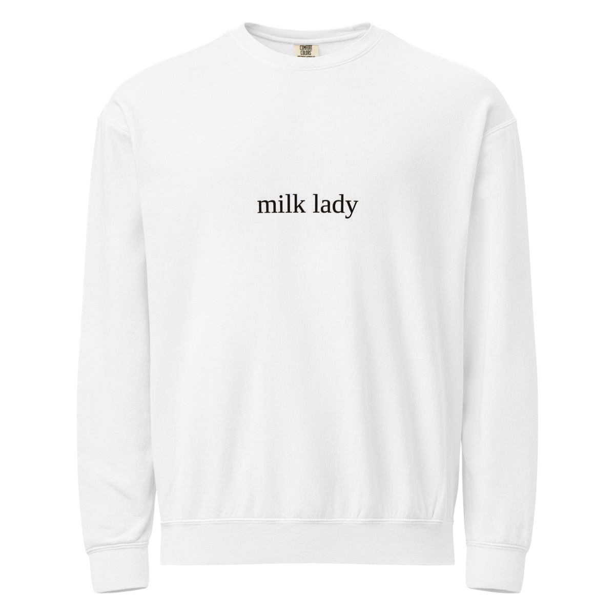 2AM Club Milk Lady Bold Comfort Colors 1466 crewneck — White with Black embroidery