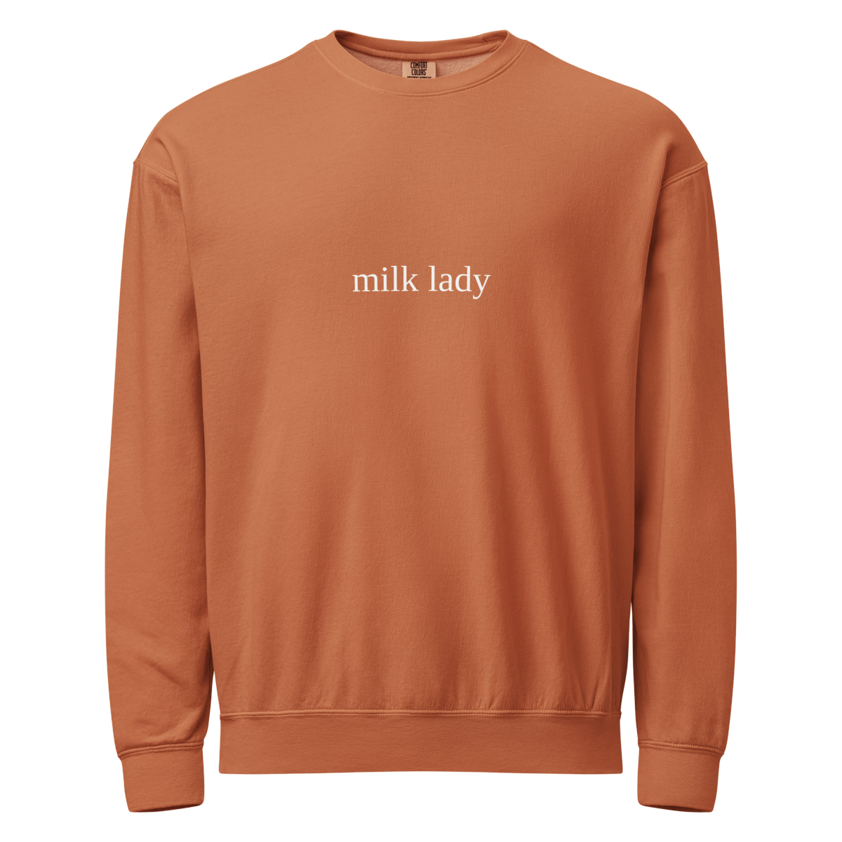 Milk Lady Bold Comfort Colors 1466 Crewneck Sweatshirt — Yam with White embroidery